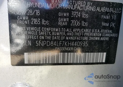 2019 Hyundai Elantra Limited z USA, uszkodzony, nr VIN 5NPD84LF7KH440935